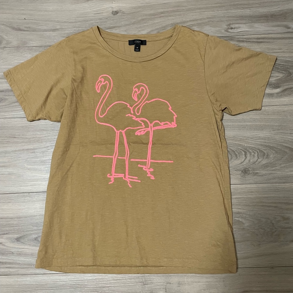 J. Crew T-shirt with Hot pink embroidered flamingos size M
